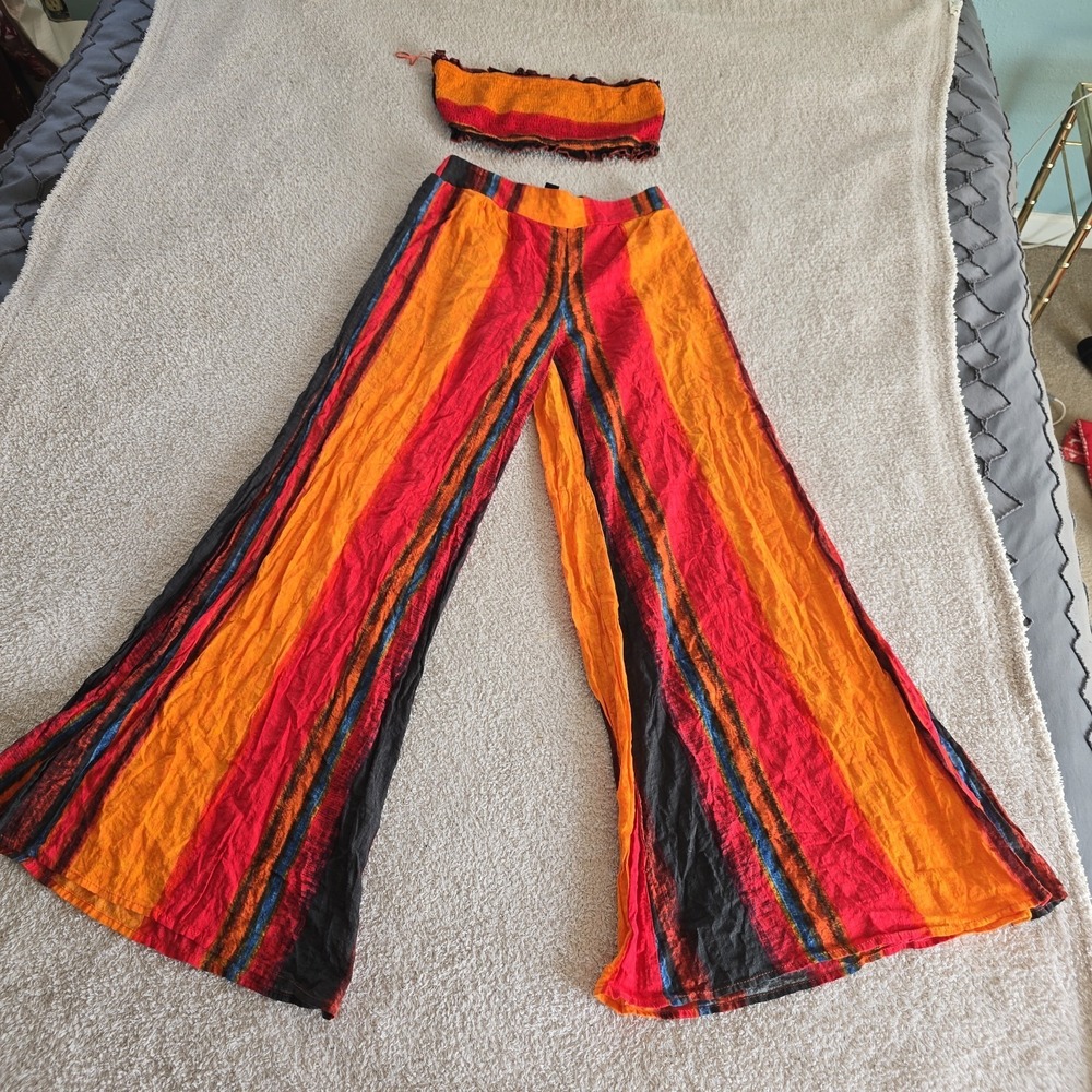 Cider Two Piece Boho Set Bandeau Tube Top Wide Leg Pants Sz M Boho-chic Retro